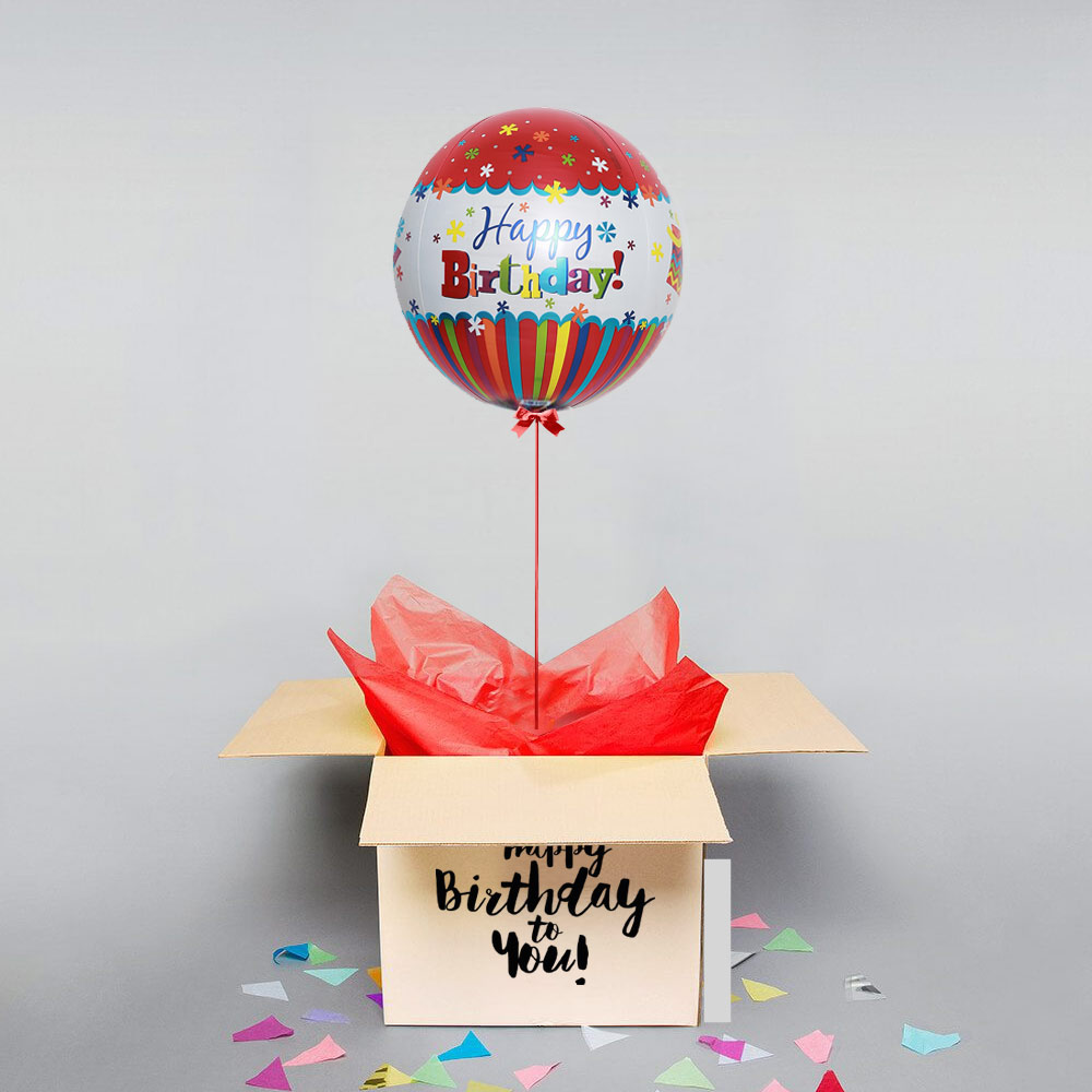 Коробка с большим красным шаром на день рождения